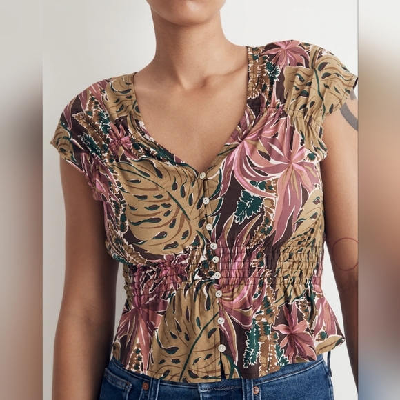 Madewell Shirred Cap-Sleeve Top in Brushstroke Monstera Size XS - Picture 4 of 7